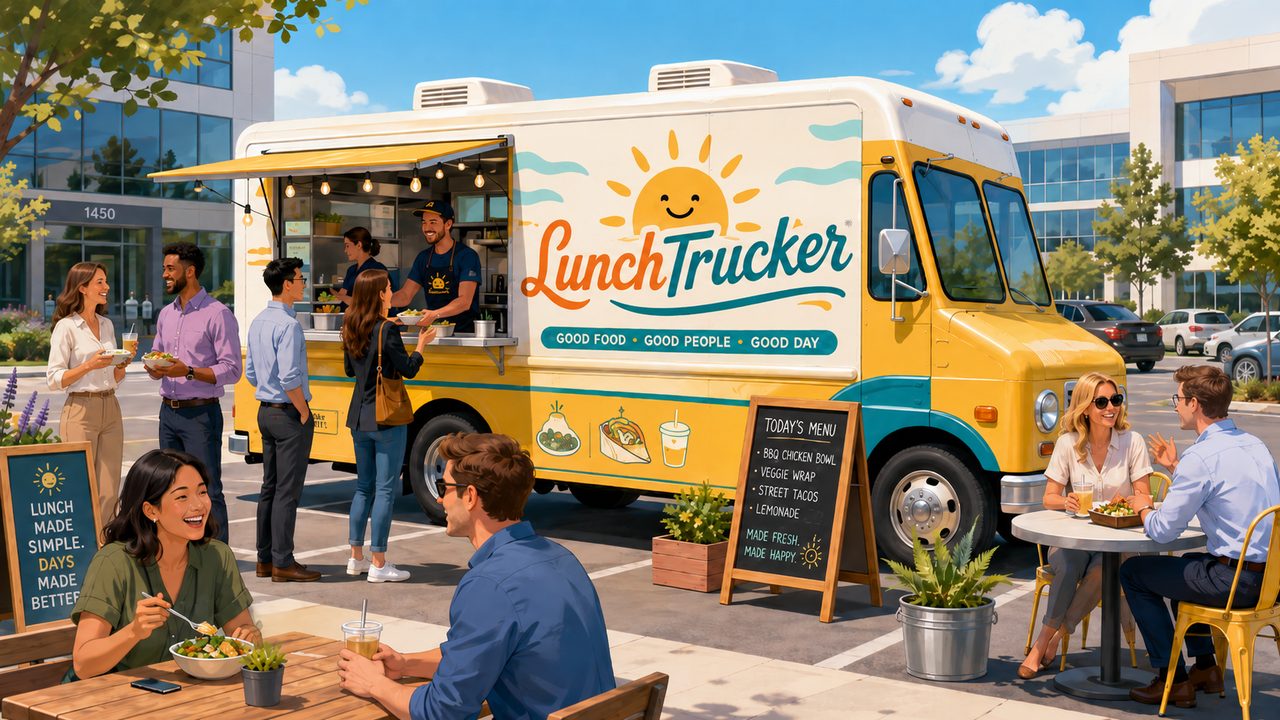The same parking lot, sunny, with a LunchTrucker food truck and a happy lunch crowd